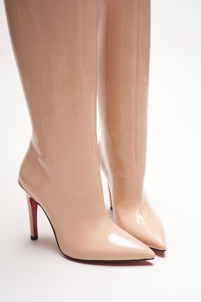 Kadın Sivri Burun Fermuarsız İnce Topuklu Diz Altı Çizme Monias  Nude Rugan 6
