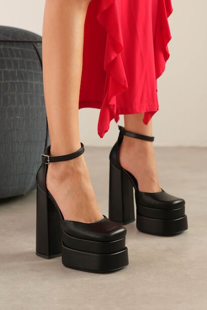 Figo Çift Platformlu Kalın Topuklu Kadın Ayakkabı - Bilekten Bağlamalı Küt Burun Abiye  Siyah Cilt 6