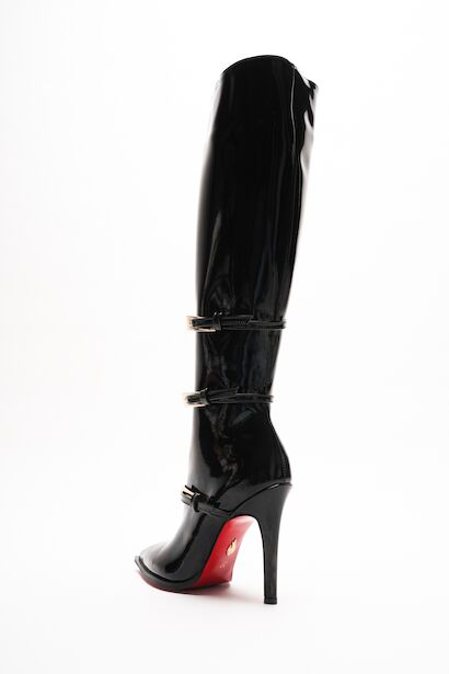 Kadın Siyah Rugan Sivri Burun 3 Tokalı İnce Topuklu Çizme Tokai  Siyah Rugan 4