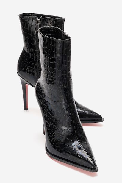 Kadın Tasarım Taban Bilek Boy İnce Topuklu Bot Yanni  Siyah Krokodil