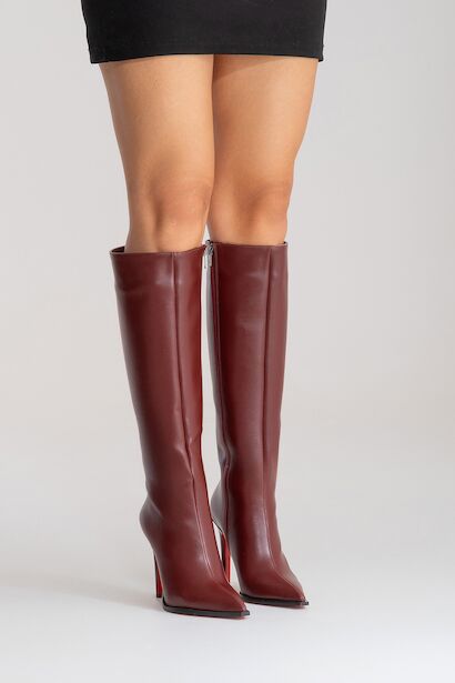 Kadın Diz Altı Fermuarlı İnce Topuklu Çizme Yoran  Bordo Cilt 6