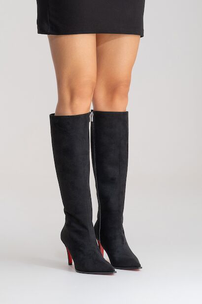 Kadın Sivri Burun Kısa Topuklu Diz Altı Çizme Togie  Siyah Süet 6