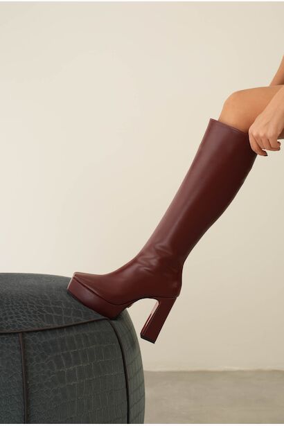Kadın Platform Diz Altı Çizme Paman  Bordo Cilt 6