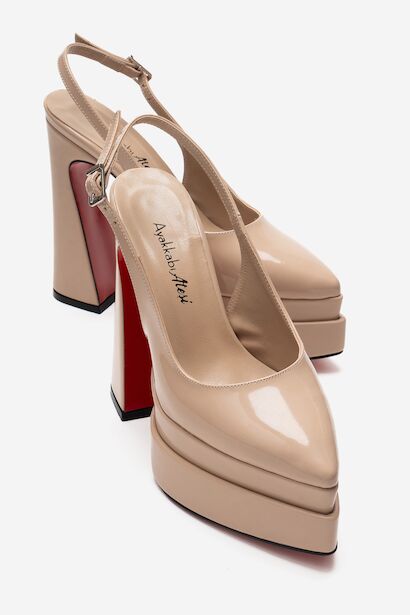Kadın Arkası Açık Sivri Burun Çift Platform Yüksek Topuklu Ayakkabı Medelo  Nude Rugan