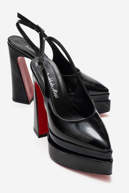 Kadın Arkası Açık Sivri Burun Çift Platform Yüksek Topuklu Ayakkabı Medelo  Siyah Rugan