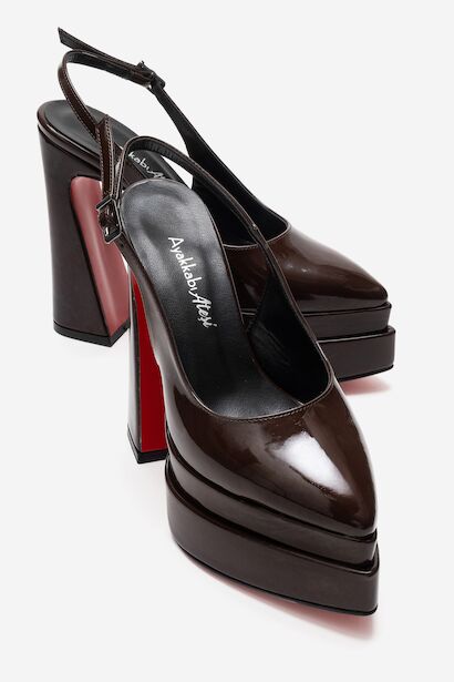 Kadın Arkası Açık Sivri Burun Çift Platform Yüksek Topuklu Ayakkabı Medelo  Kahverengi Rugan