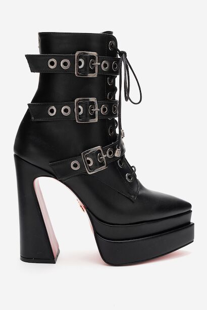 Kadın Üç Tokalı Sivri Burun Yüksek Topuklu Fermuarlı Bot Rugani  Siyah Cilt