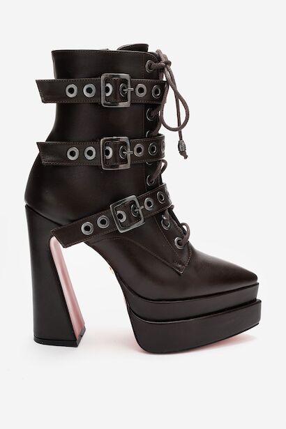 Kadın Üç Tokalı Sivri Burun Yüksek Topuklu Fermuarlı Bot Rugani  Kahverengi Cilt