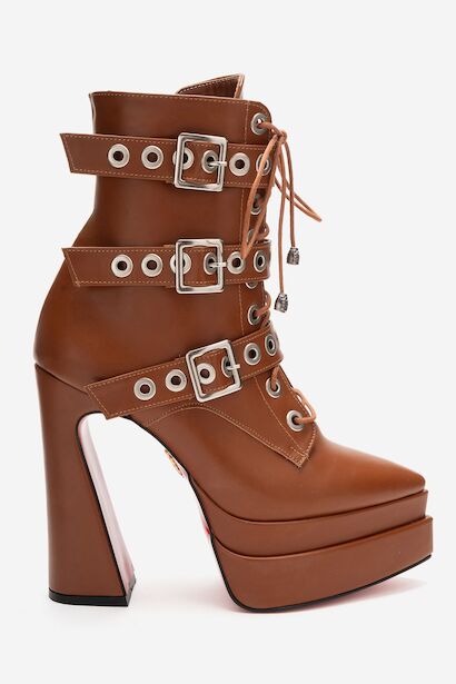 Kadın Üç Tokalı Sivri Burun Yüksek Topuklu Fermuarlı Bot Rugani  Taba Cilt