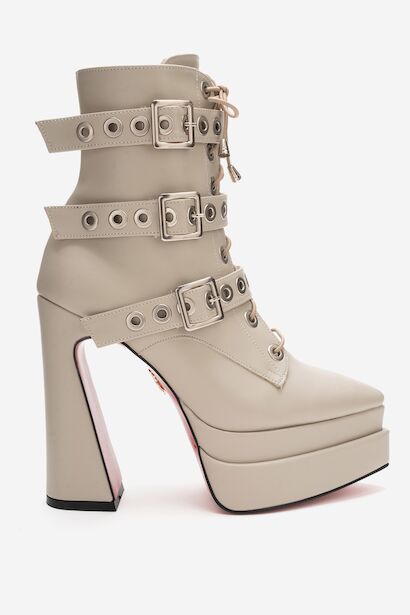 Kadın Üç Tokalı Sivri Burun Yüksek Topuklu Fermuarlı Bot Rugani  Bej