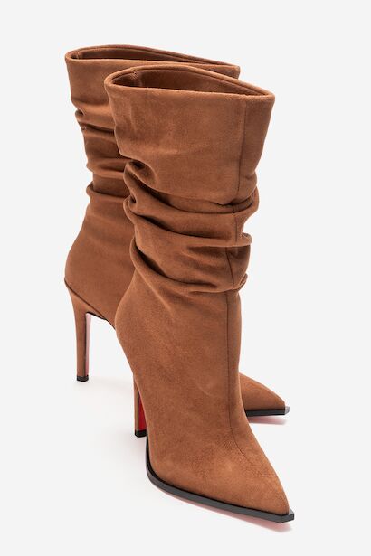 Büzgülü Kadın Bot Sivri Burun İnce Topuklu Körüklü Şık Çizme Stane  Taba Süet